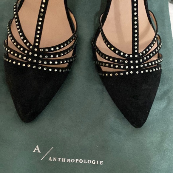 Anthropologie Pointed T-Strap Black Suede Rhinestone Heels - Picture 10 of 15